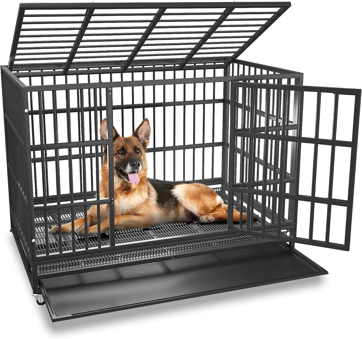Black 48 in heavy duty metal dog crate on wheels