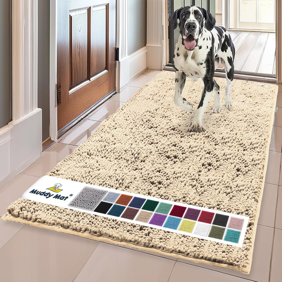 Beige chenille absorbent door mat in a front entryway