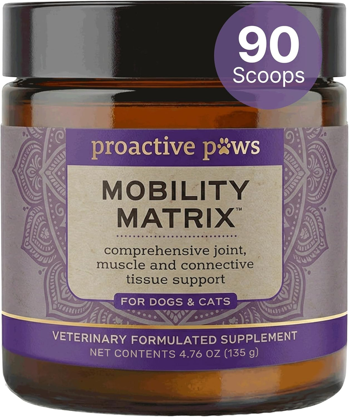 Jar of mobility powder supplement for dogs and cats with scoop
