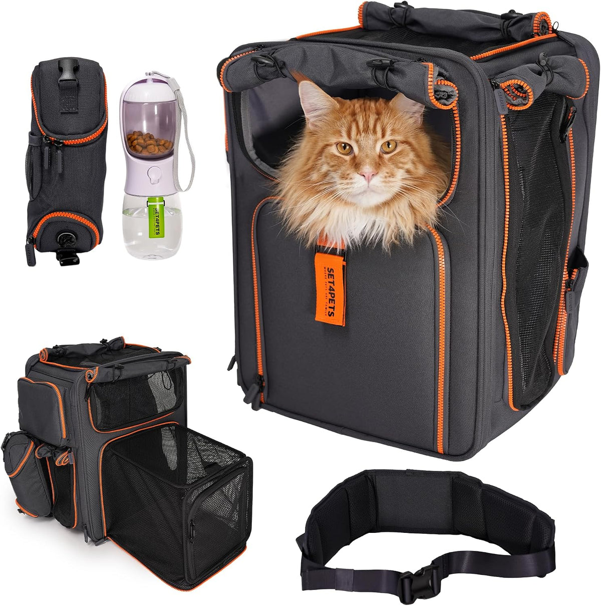 Gray and orange expandable cat carrier backpack with feeding system