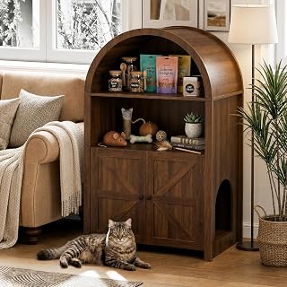 Arched Cat Litter Box Enclosure Furniture with Open Shelf, Walnut