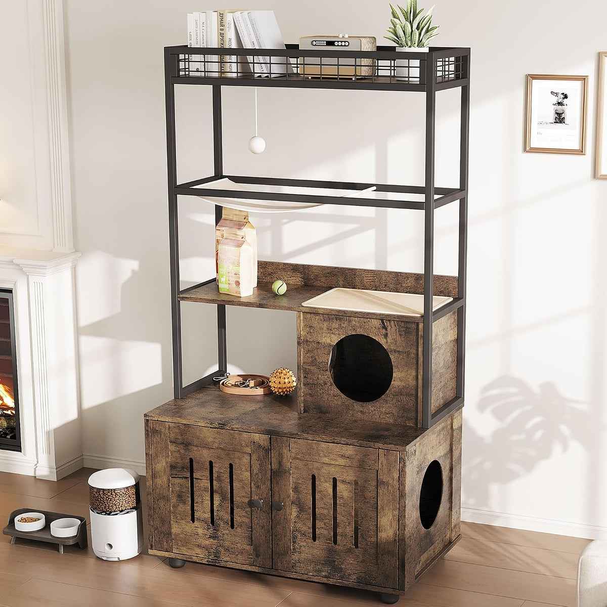 Tall retro brown cat litter box enclosure with metal frame, storage shelf and hammock