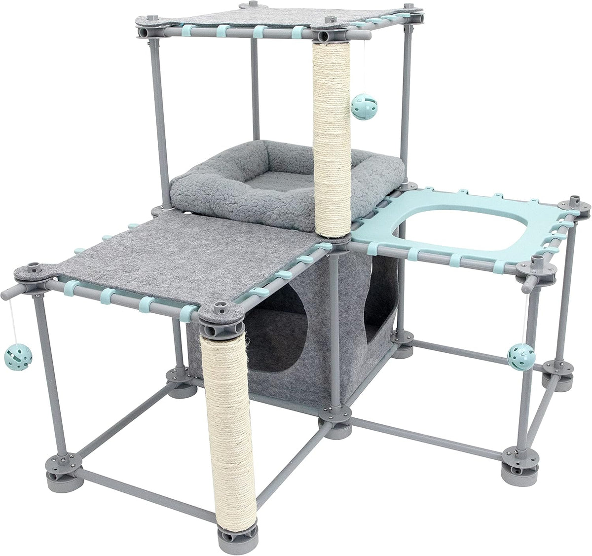 Mesh outdoor catio play kit with tunnels and covered tents on a patio – view 10