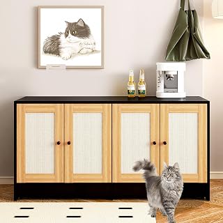 Cat Litter Box Enclosure for 2 Cats, Hidden Wooden Furniture with Rattan Doors and Pull-Out Drawers