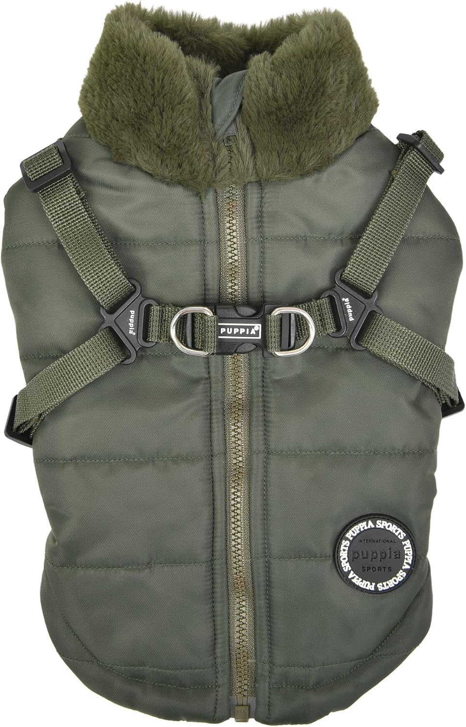 Khaki waterproof winter dog coat with integrated harness and fleece lining