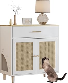 32 Inch Hidden Cat Litter Box Furniture with Drawer and 2 Sisal Doors, Side Cabinet with Storage, White