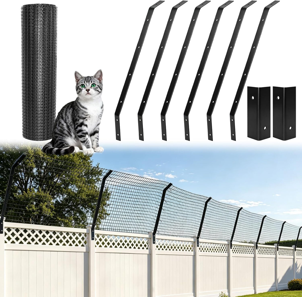 Outdoor cat fence topper barrier mounted along a yard fence