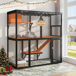 Wooden Catio Outdoor Cat Enclosure, 4-Tier, for Multiple Cats, with Waterproof Cover and Ramp