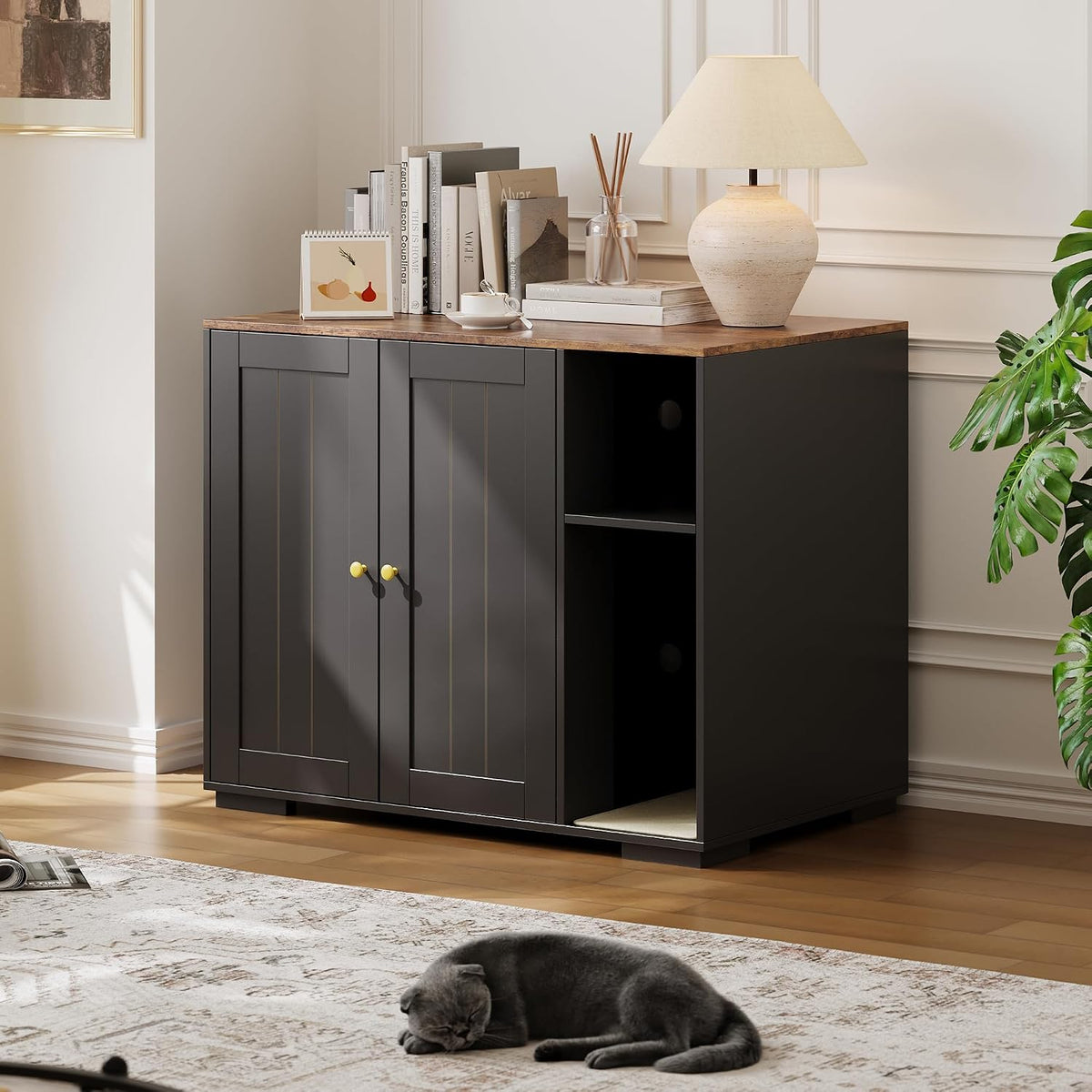 Gray extra large litter box enclosure cabinet with built-in outlet – view 2