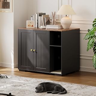 Hidden Cat Litter Box Enclosure Cabinet, Large, Dog-Proof with Mark-Resistant Pad, Power Outlet and Storage, Black