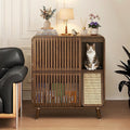 Walnut cat feeding station cabinet with slatted doors and bowls on top