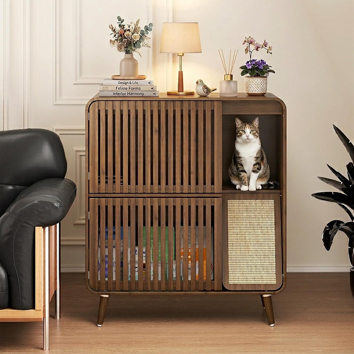 Walnut cat feeding station cabinet with slatted doors and bowls on top