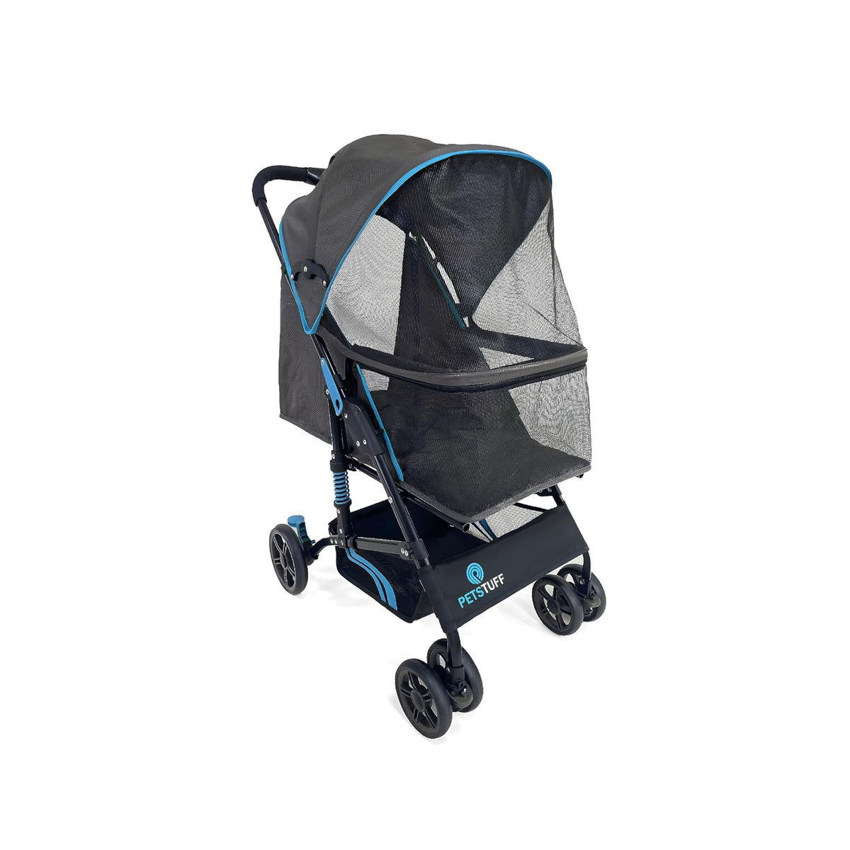 Foldable pet stroller with retractable mesh canopy and storage basket – view 3