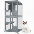 Grey rolling four-tier wooden cat playpen with mesh and roof