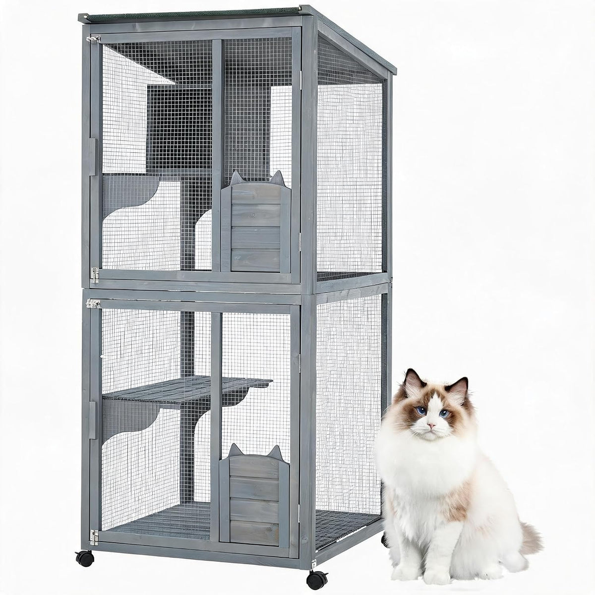 Grey rolling four-tier wooden cat playpen with mesh and roof
