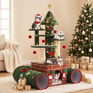 DWVO Cat Christmas Tree with House, Cat Bed with Sisal Scratching Posts