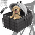 Pet bike basket mounted on a bicycle rear rack with a small dog inside