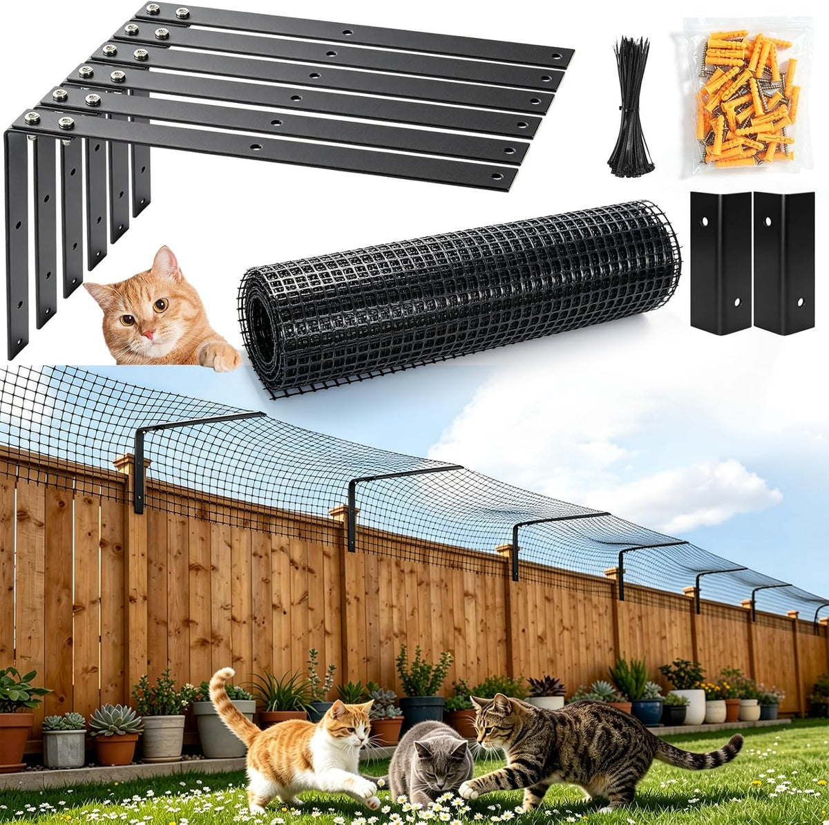 Anti-climb cat fence topper barrier installed on a garden fence