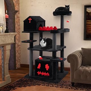 Tangkula Gothic 49 Inch Black Cat Tree with Coffin Bed, 2 Condos, Scratching Posts and Bat Pompom Balls, Halloween