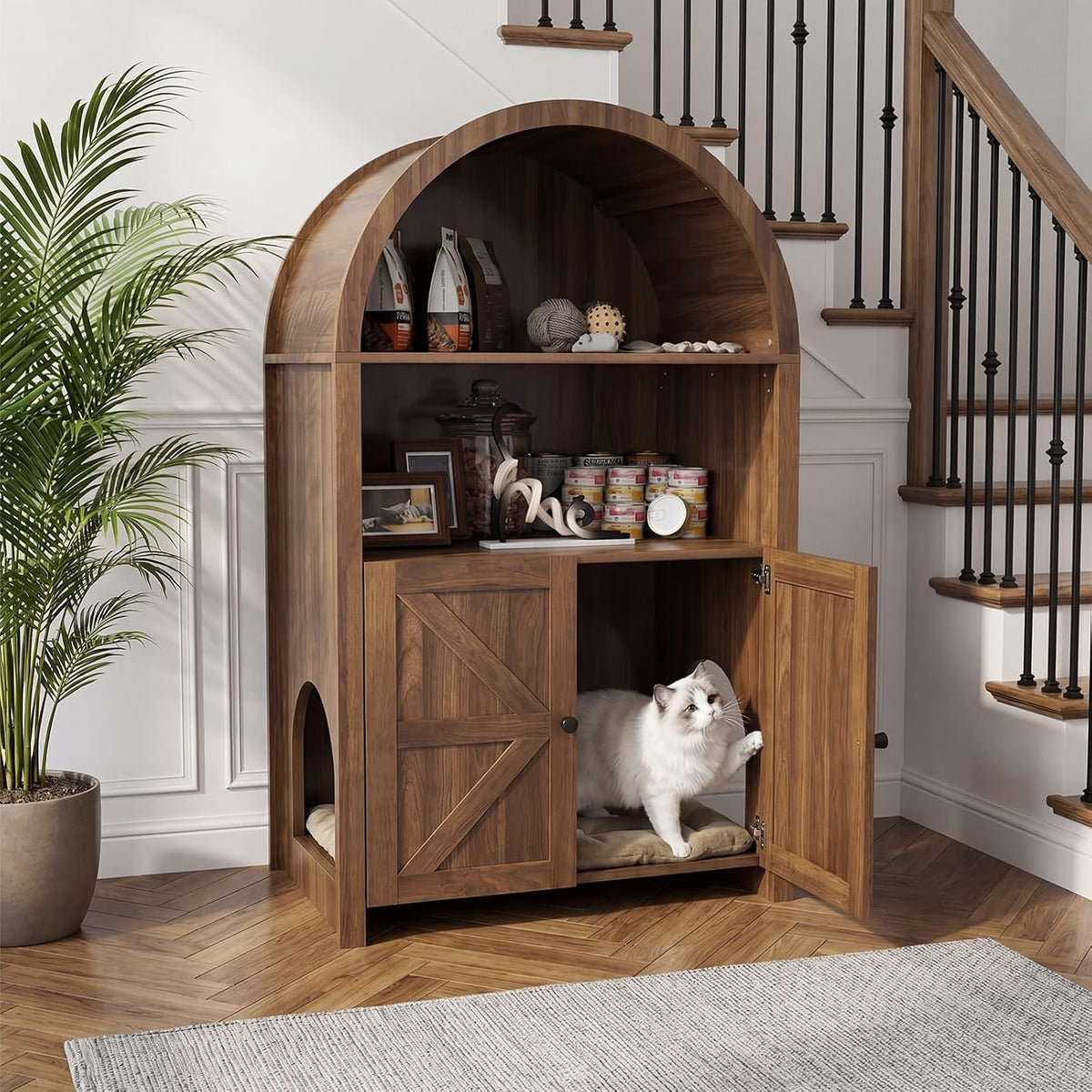 Walnut brown arched cat litter box cabinet with two cat holes and shelves