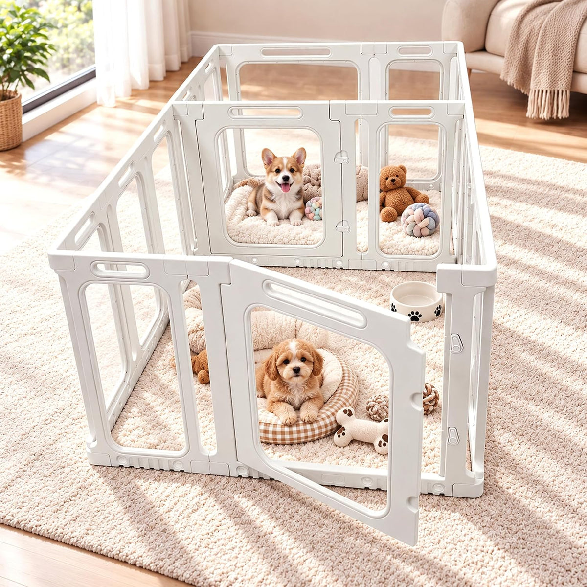 Clear acrylic puppy playpen on a wheeled base plate – view 4