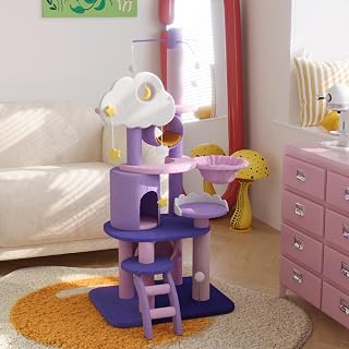Happy & Polly Moonlight Plush Cat Tree and Condo, Purple Tower with Sisal Posts and Hammock