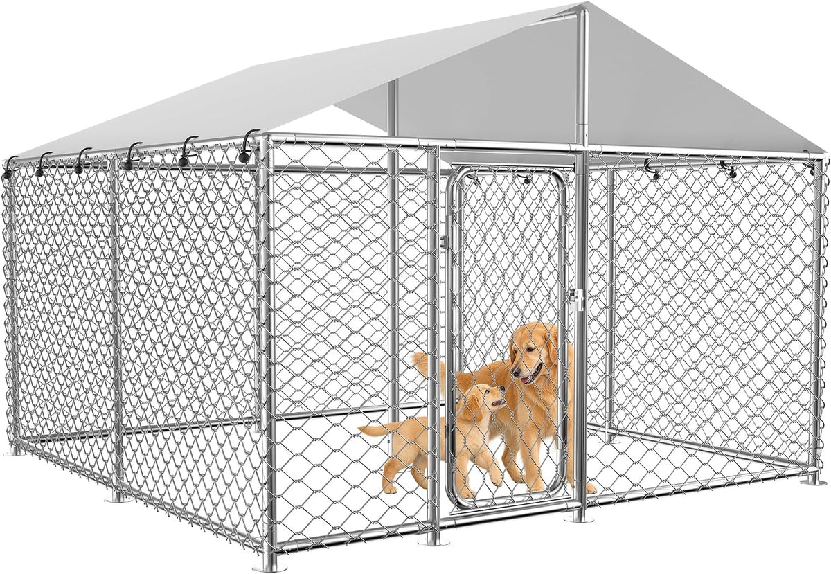 Galvanized wire mesh outdoor dog kennel with waterproof roof cover in a yard