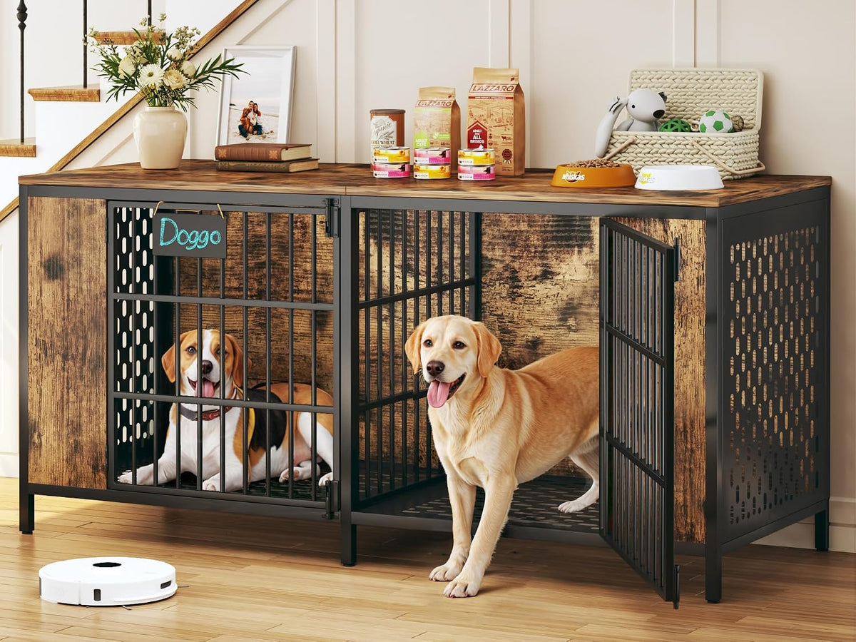Metal and wood double dog kennel furniture with center divider and two doors