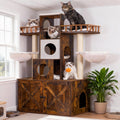 Rustic gray cat tree with litter box enclosure cabinet base – view 3