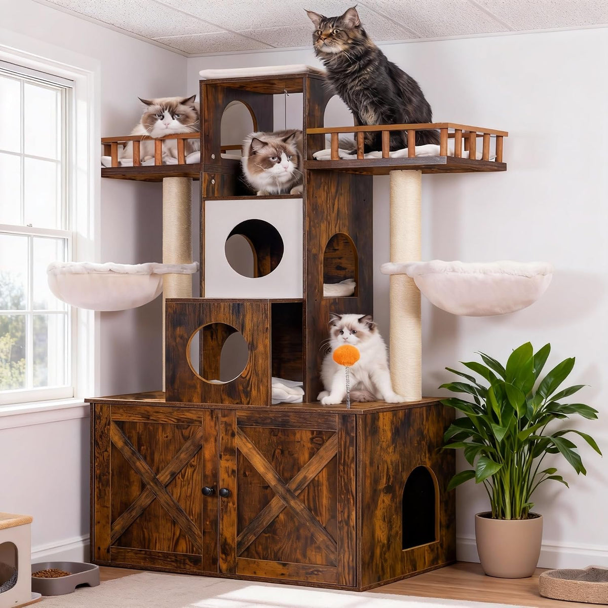 Rustic gray cat tree with litter box enclosure cabinet base – view 3