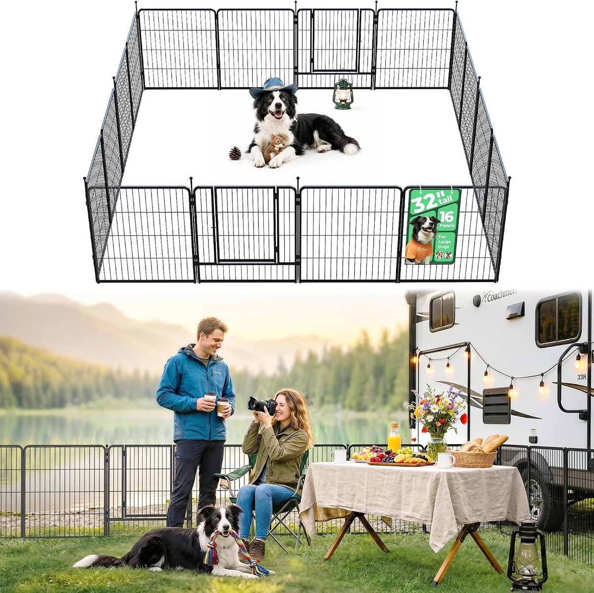 Portable 16 panel dog playpen set up at an RV campsite