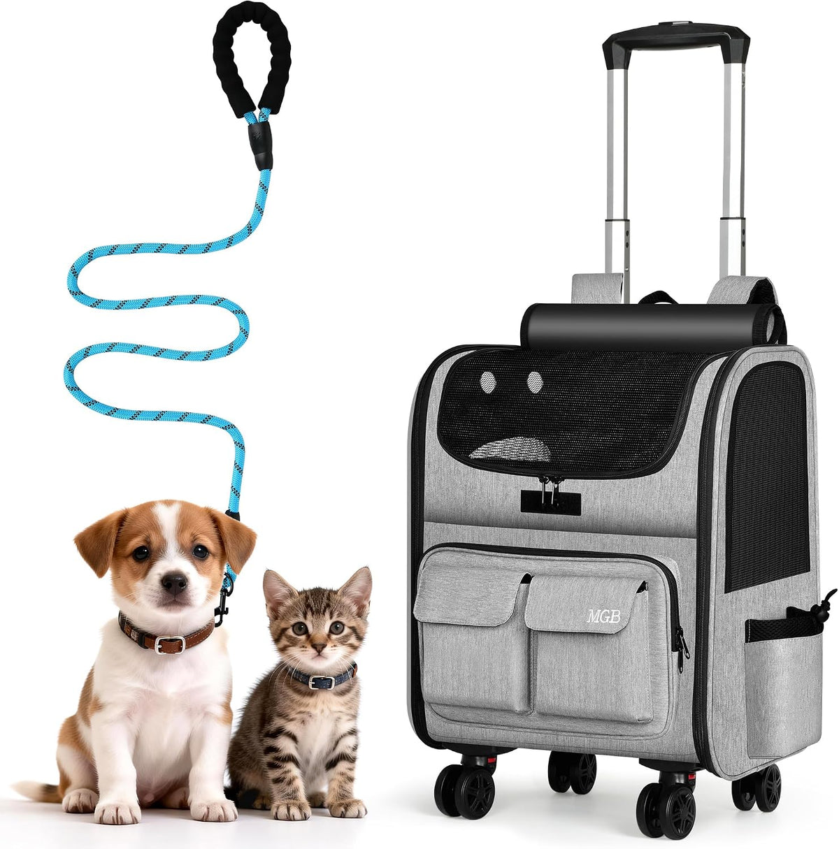 Gray foldable rolling pet carrier with removable wheels