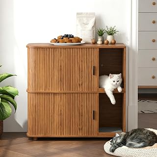 Double Cat Litter Box Enclosure for 2 Cats with Scratch Pad and Large Storage, Wooden Cabinet End Table, Walnut