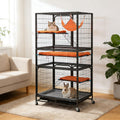 Black 4-tier wire cat cage with hammock and ladders on wheels
