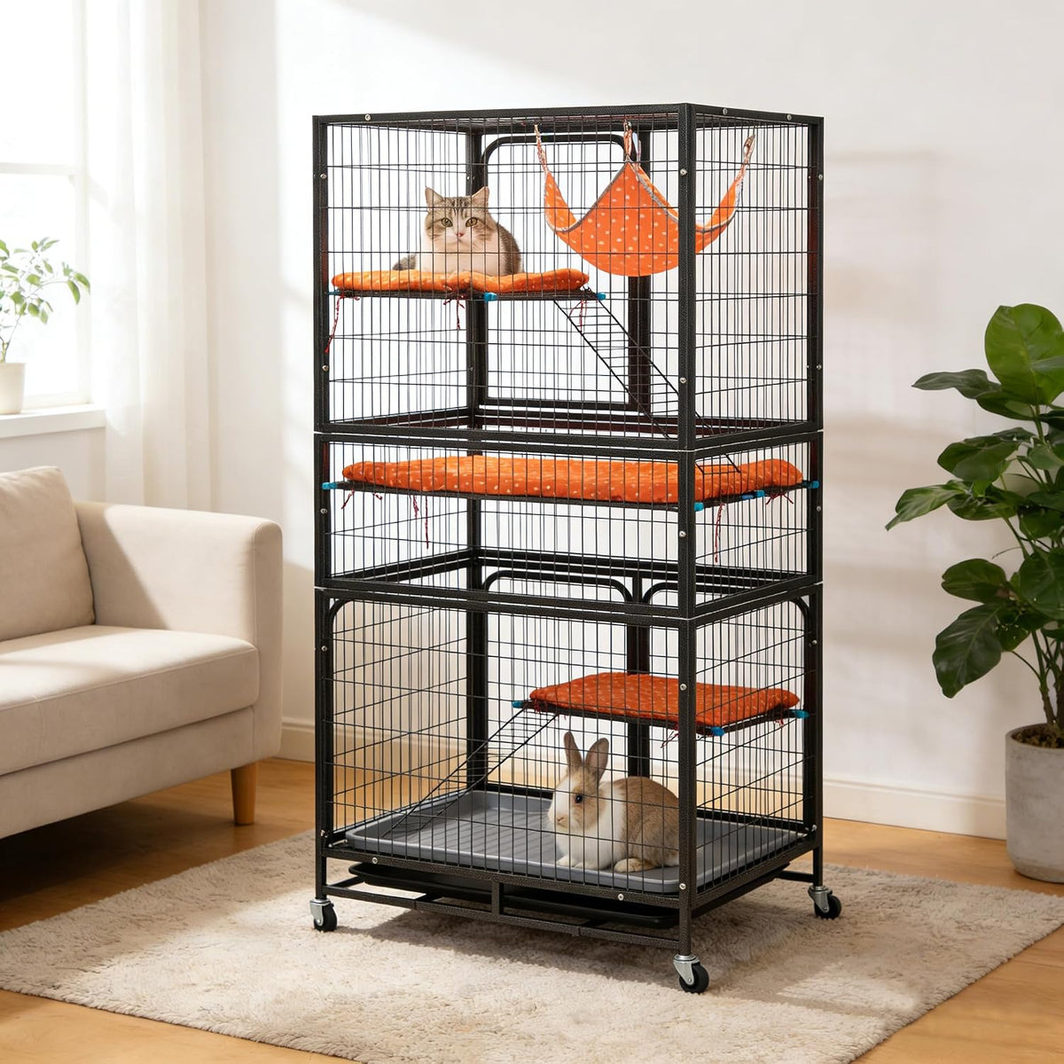 Black 4-tier wire cat cage with hammock and ladders on wheels