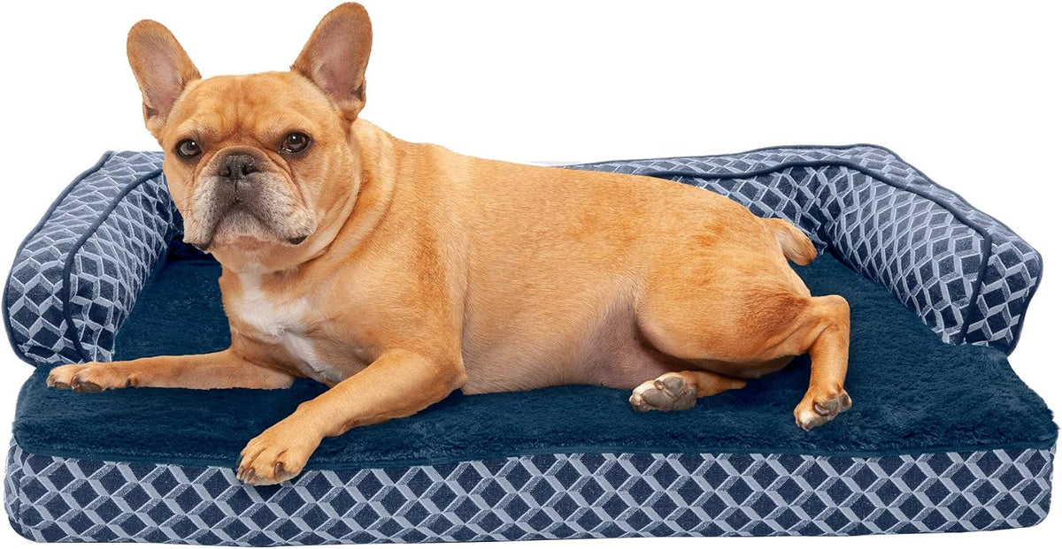 Diamond blue memory foam sofa dog bed with faux fur and woven bolsters – view 3