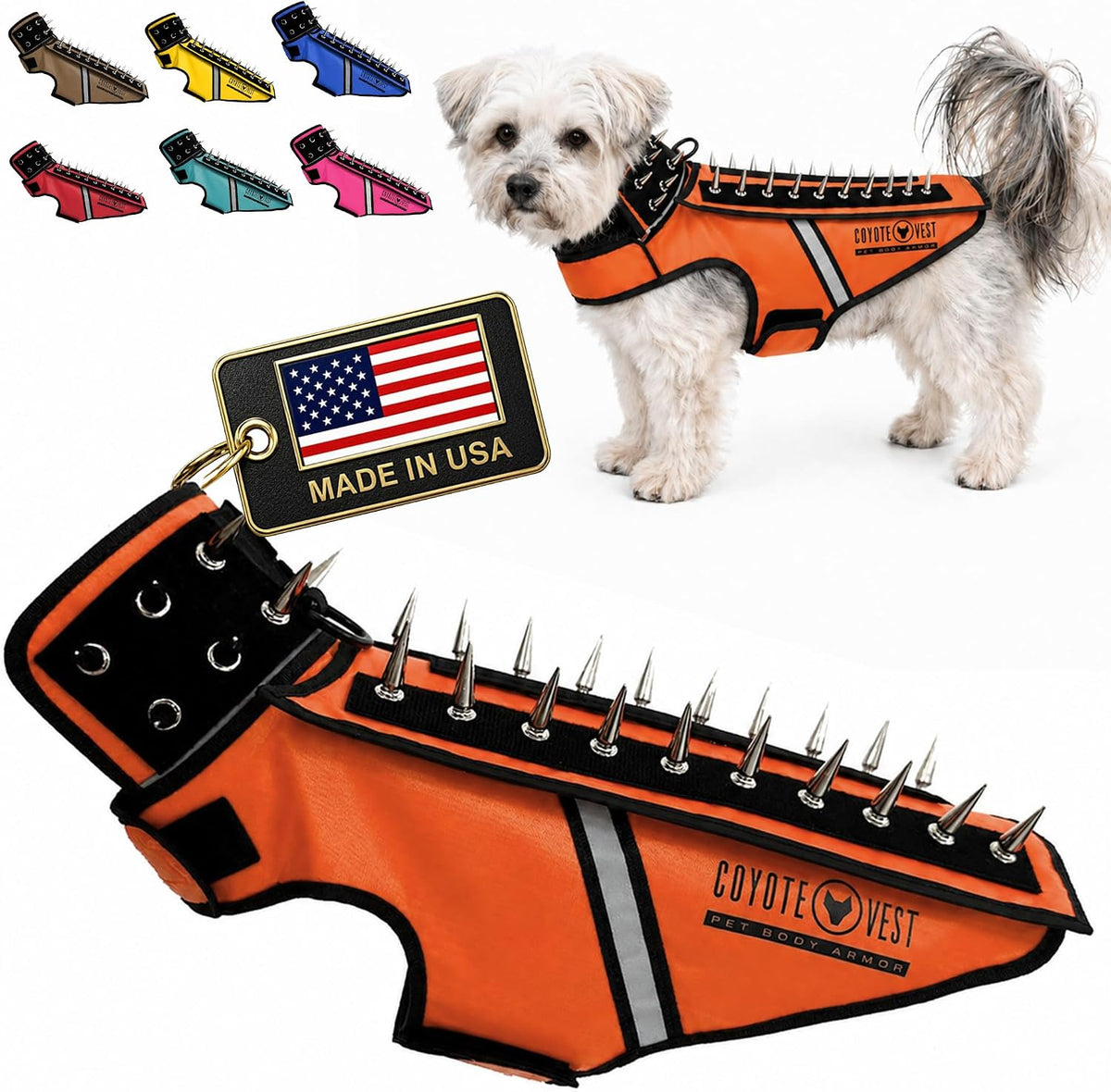 Fluorescent orange stab-resistant small dog harness vest with spike add-on – view 23