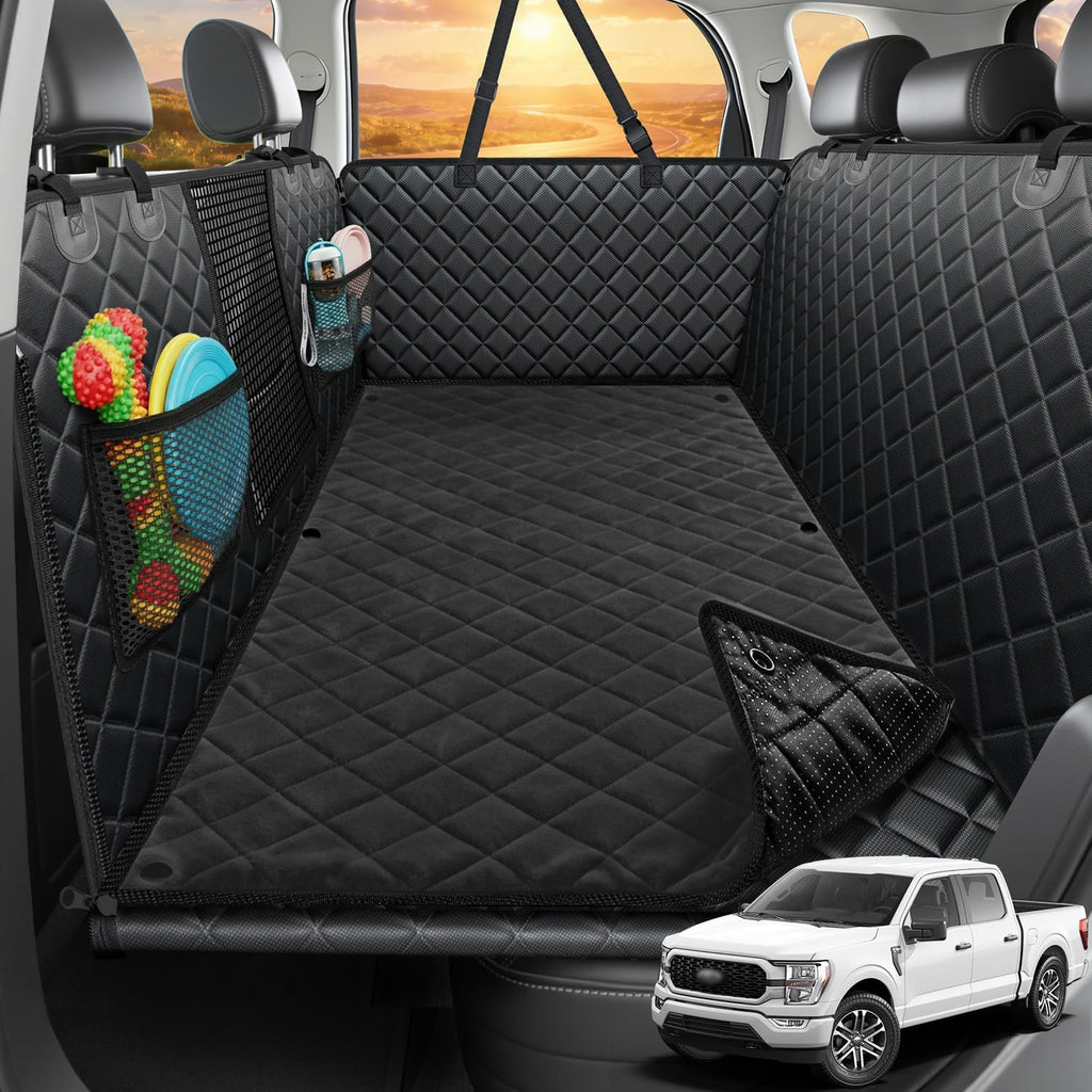 Black hard bottom dog back seat extender in a crew cab truck – view 2