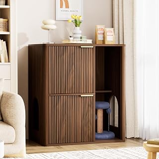 Roomfitters 32-Inch Cat Litter Box Enclosure with Scratching Post Tree and Storage Table, Walnut