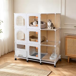 Indoor Cat Cage with Litter Box, Multi-Level Cat Enclosure with Wheels