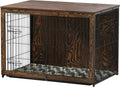 Rustic wooden dog crate end table with double doors and cushion inside