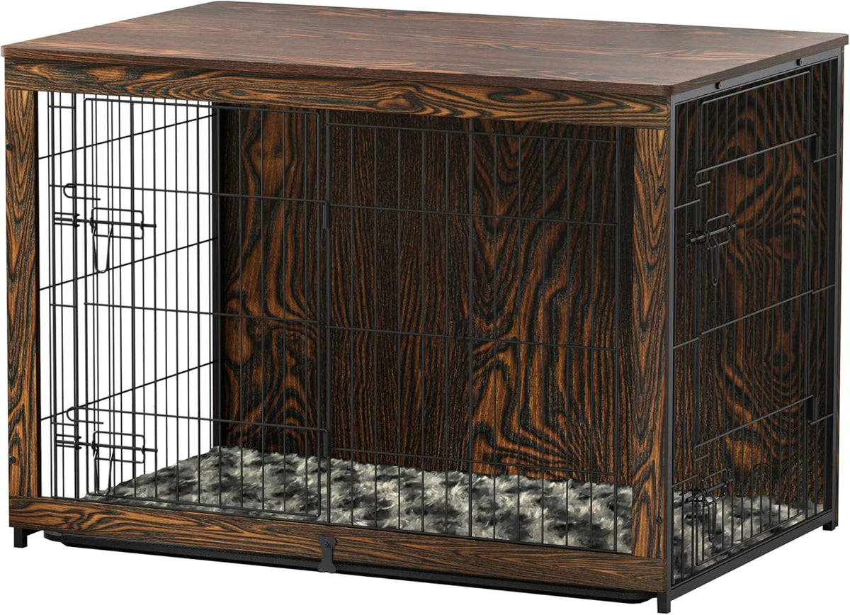 Rustic wooden dog crate end table with double doors and cushion inside