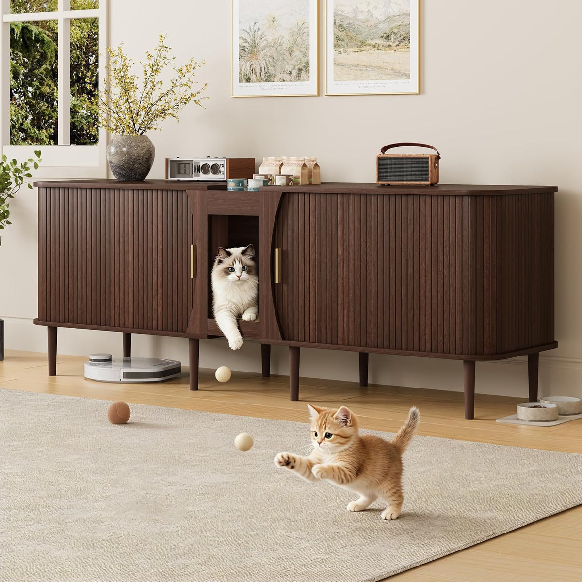Walnut fluted double litter box enclosure with sliding door