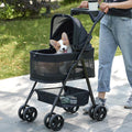 Dark gray folding pet stroller with front door and removable carrier – view 2
