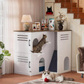 Wooden corner litter box enclosure with perch steps and felt scratching ramp