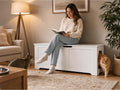 Cream white top-open litter box enclosure bench with side entry arches