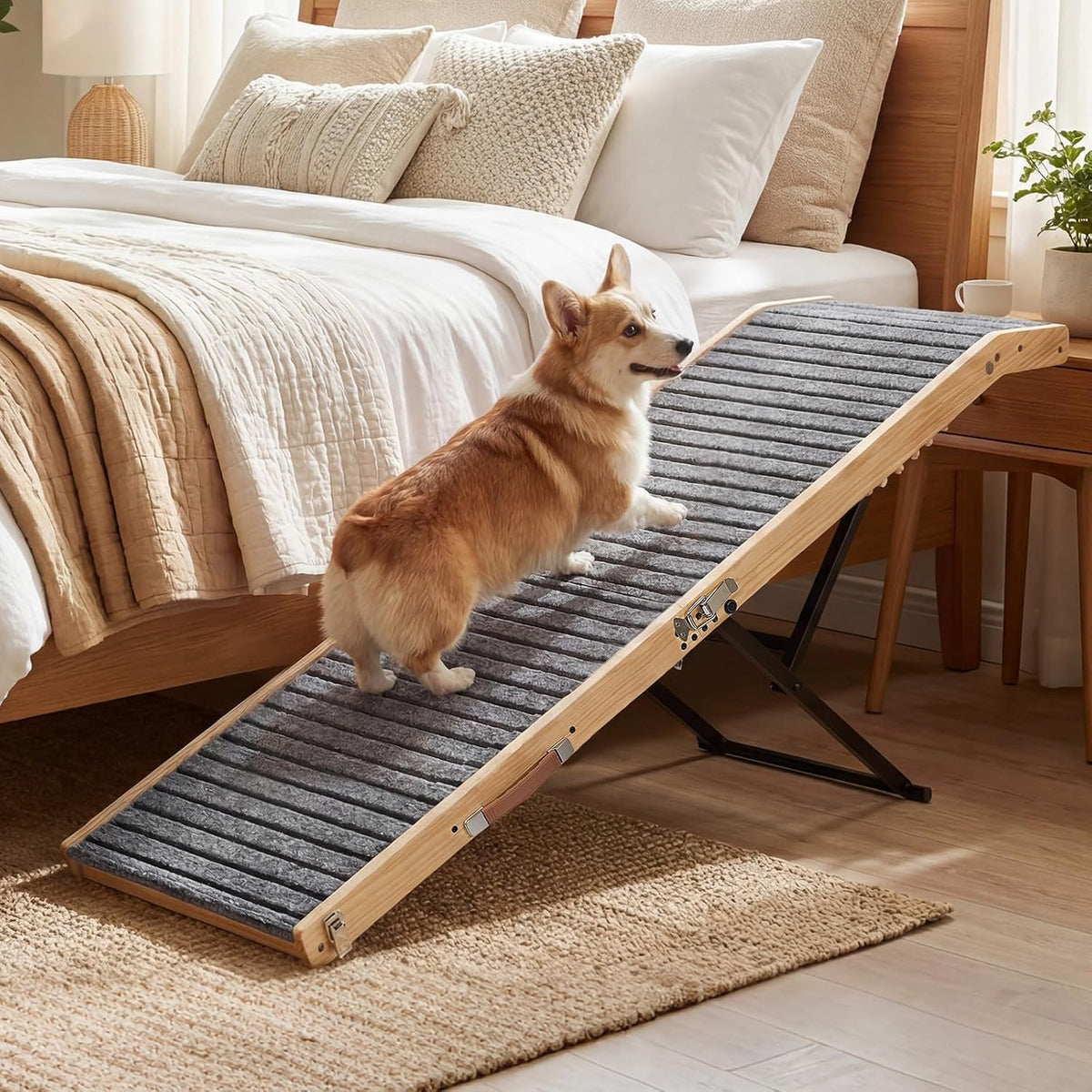 Long folding dog ramp with non-slip surface leading up to a tall bed