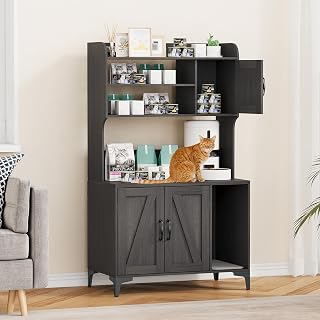 Modern Cat Litter Box Enclosure Furniture, 4-Tier Storage Shelves, Hidden Hickory, with Litter Mat