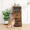 Brown dog feeding station cabinet with two raised bowls on top