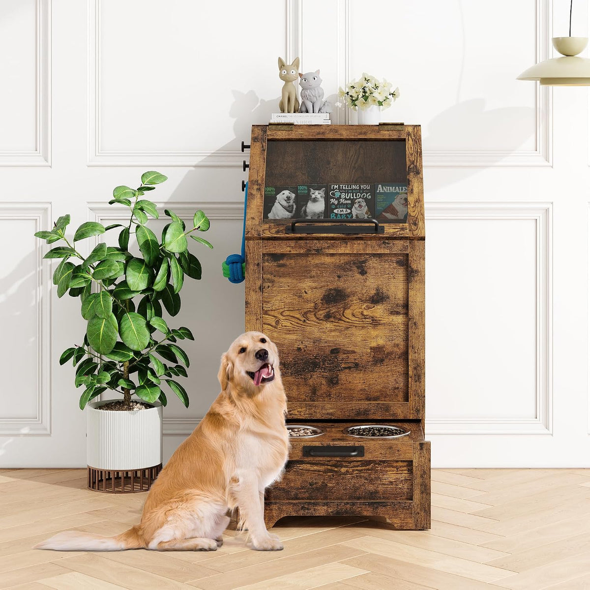 Brown dog feeding station cabinet with two raised bowls on top